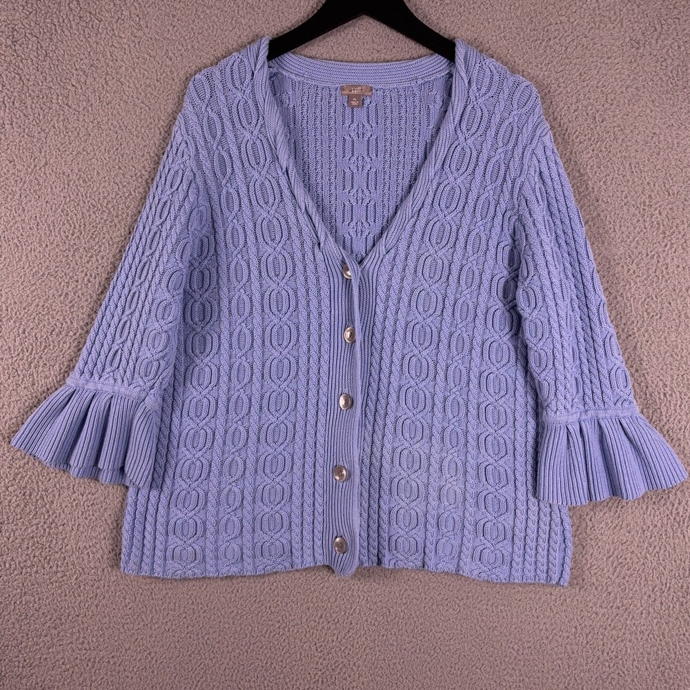 J Jill Sweater Women XL Blue Cable Knit Bell Sleeve Twisted Neck Button Cardigan